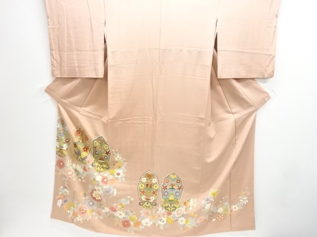 JAPANESE KIMONO / TOMESODE / EMBROIDERY / ARABESQUE FLOWER / ONE CREST 